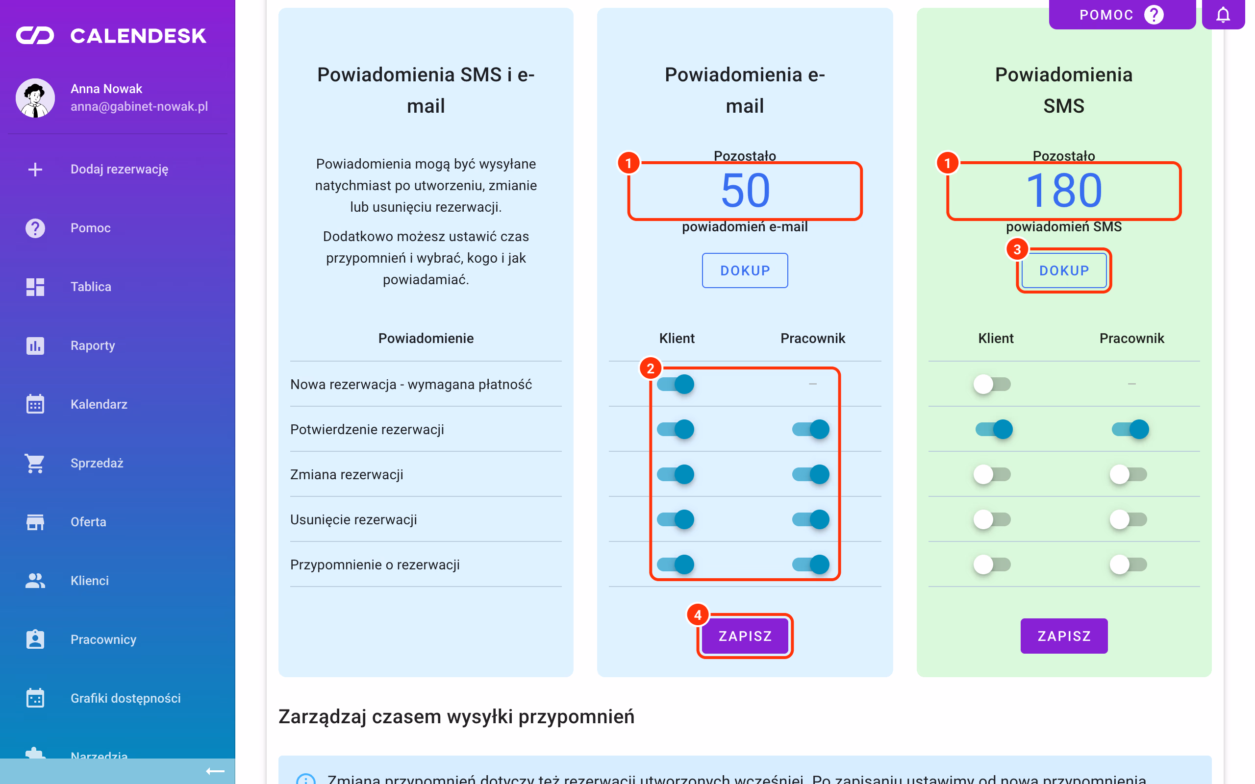 Liczniki Pozostało (1), przełączniki Klient i Pracownik (2), Dokup (3) i Zapisz (4).