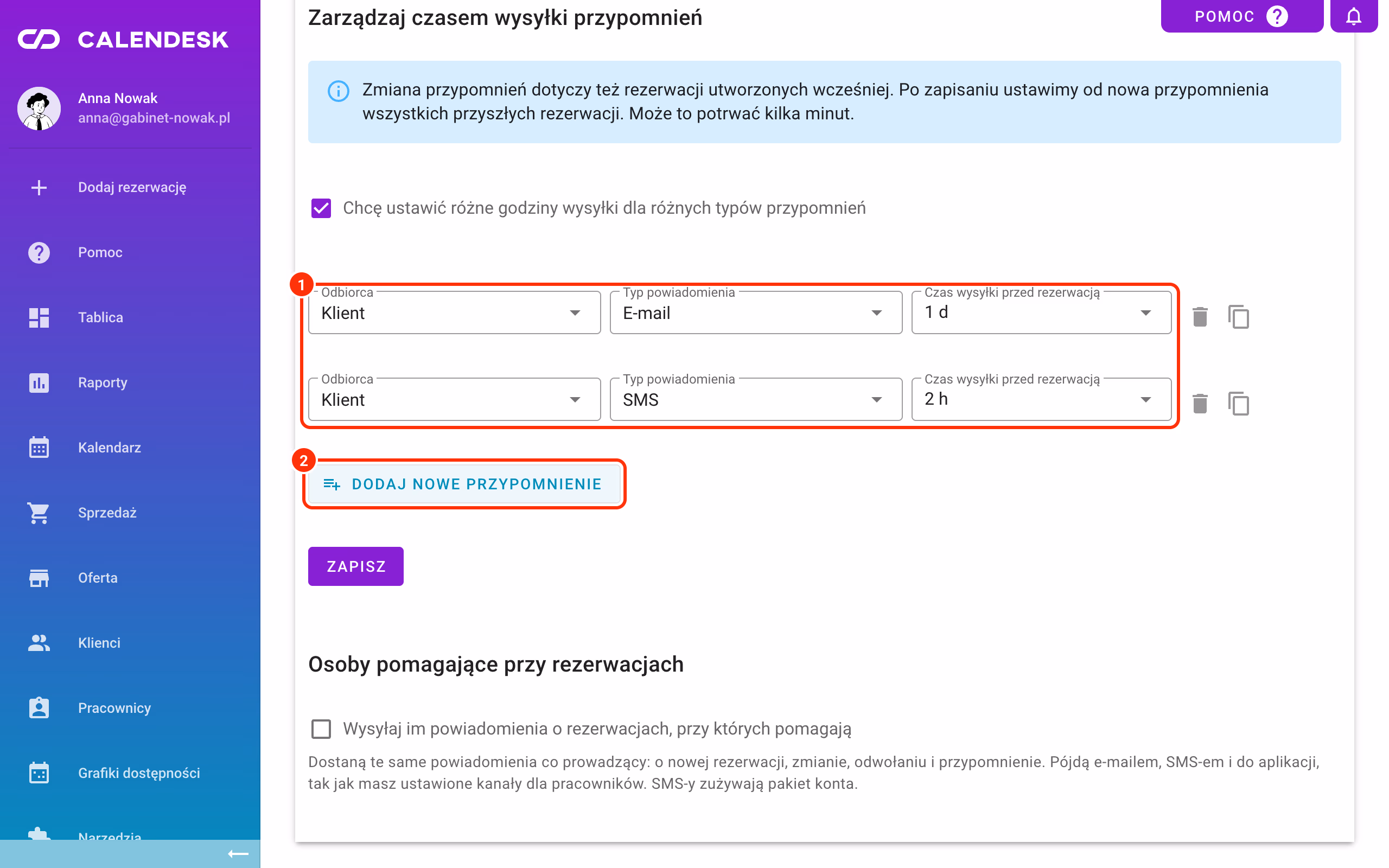 Dwa przypomnienia ustawione osobno (1) i Dodaj nowe przypomnienie (2).