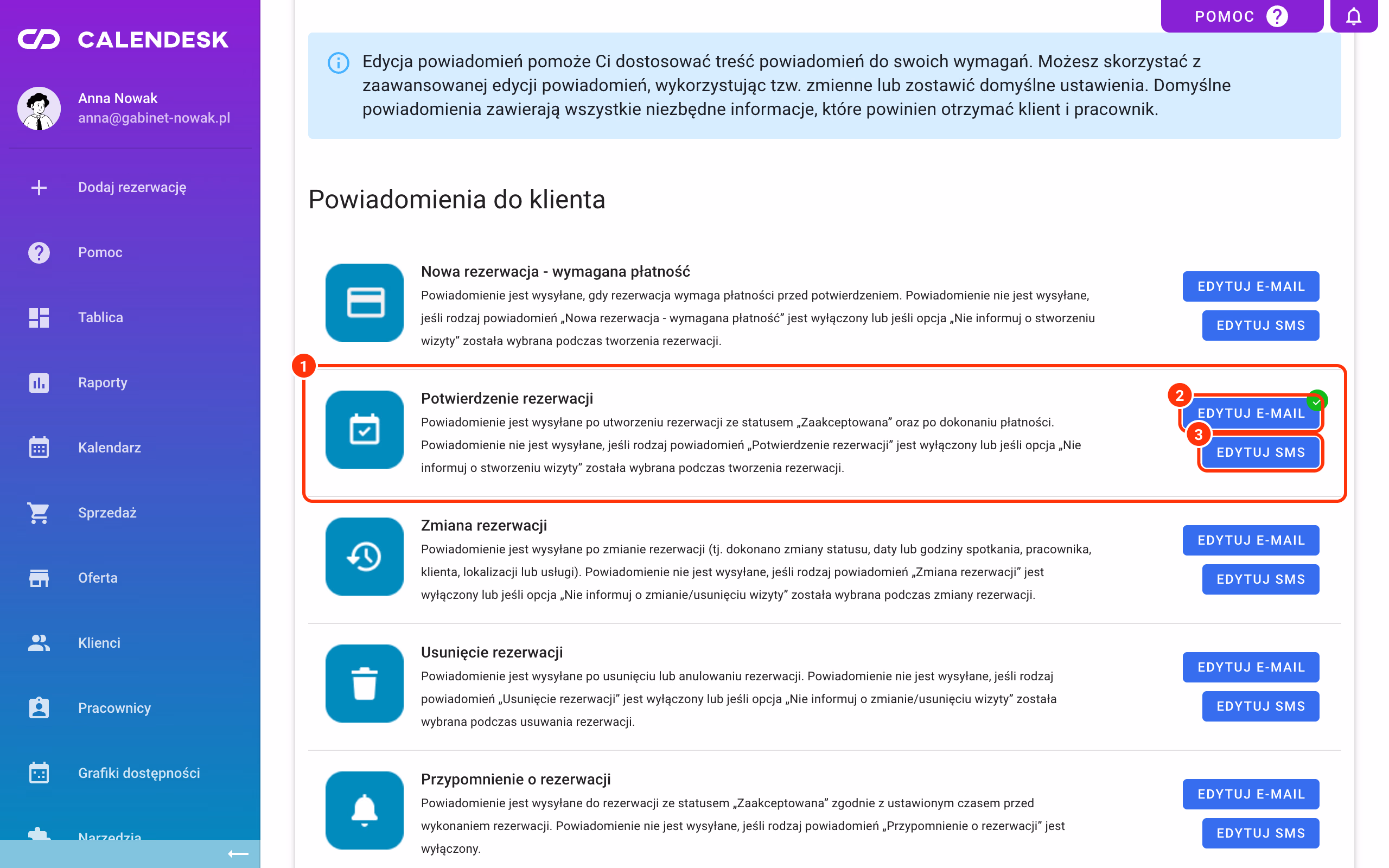 Potwierdzenie rezerwacji w szablonach (1), Edytuj e-mail (2) i Edytuj SMS (3).