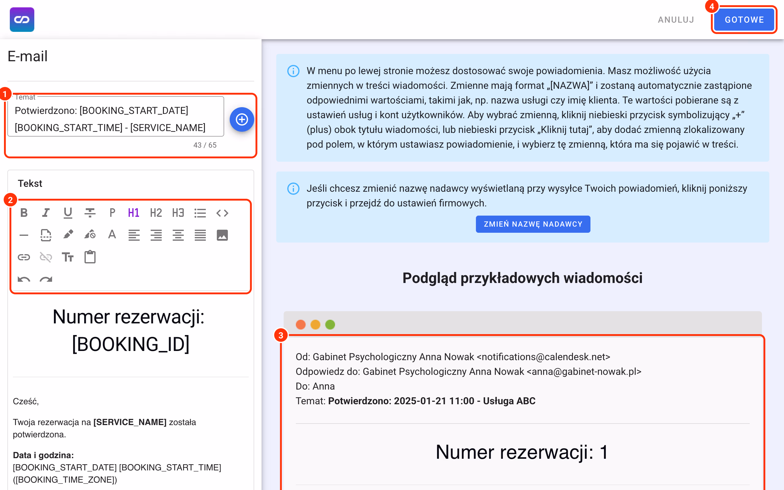 Edytor e-maila: temat (1), tekst (2), podgląd (3) i Gotowe (4).