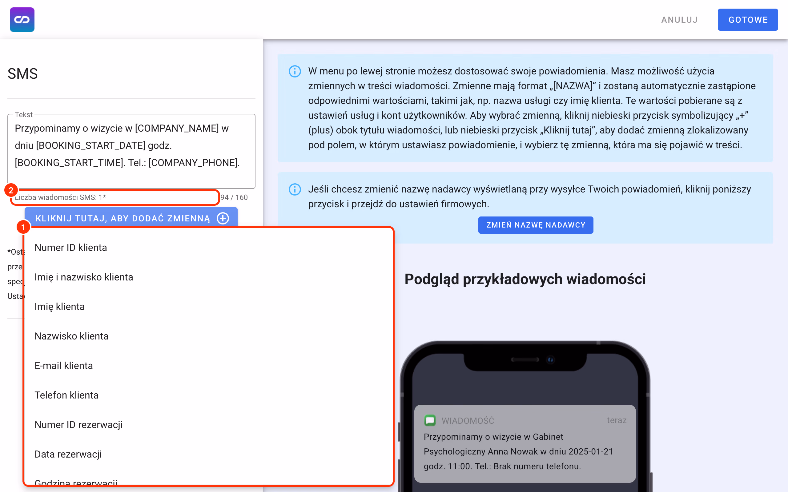 Lista zmiennych w edytorze SMS (1) i liczba wiadomości SMS (2).