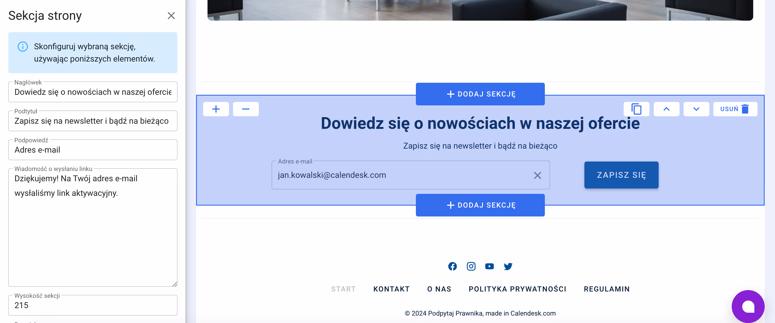 Sekcja newsletter na stronie wykonanej w Calendesk.