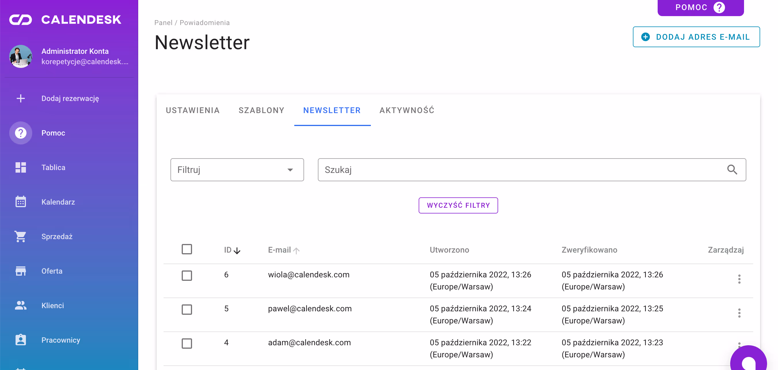 Zakładka Klienci – Newsletter.