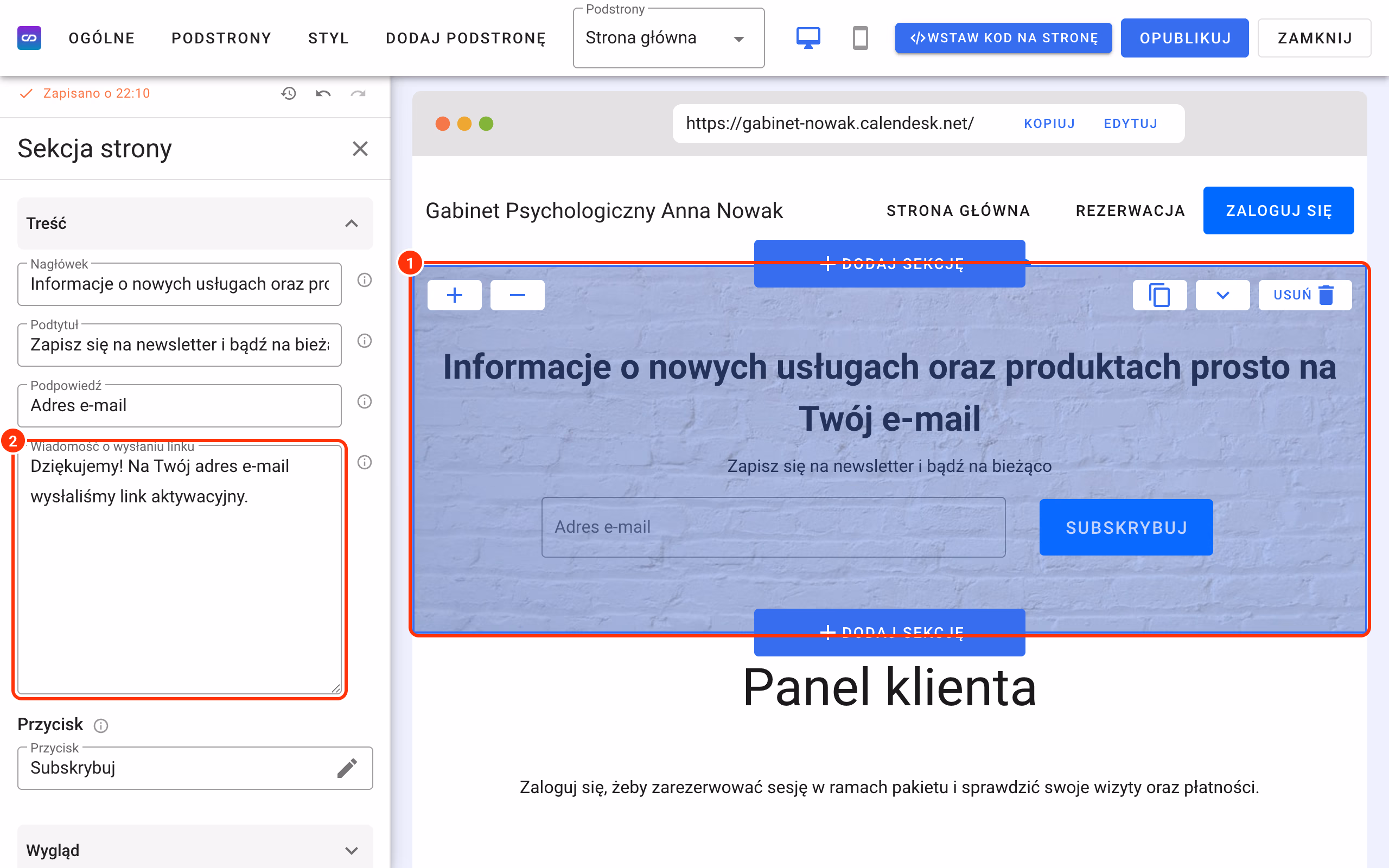 Sekcja newsletter na stronie wykonanej w Calendesk.