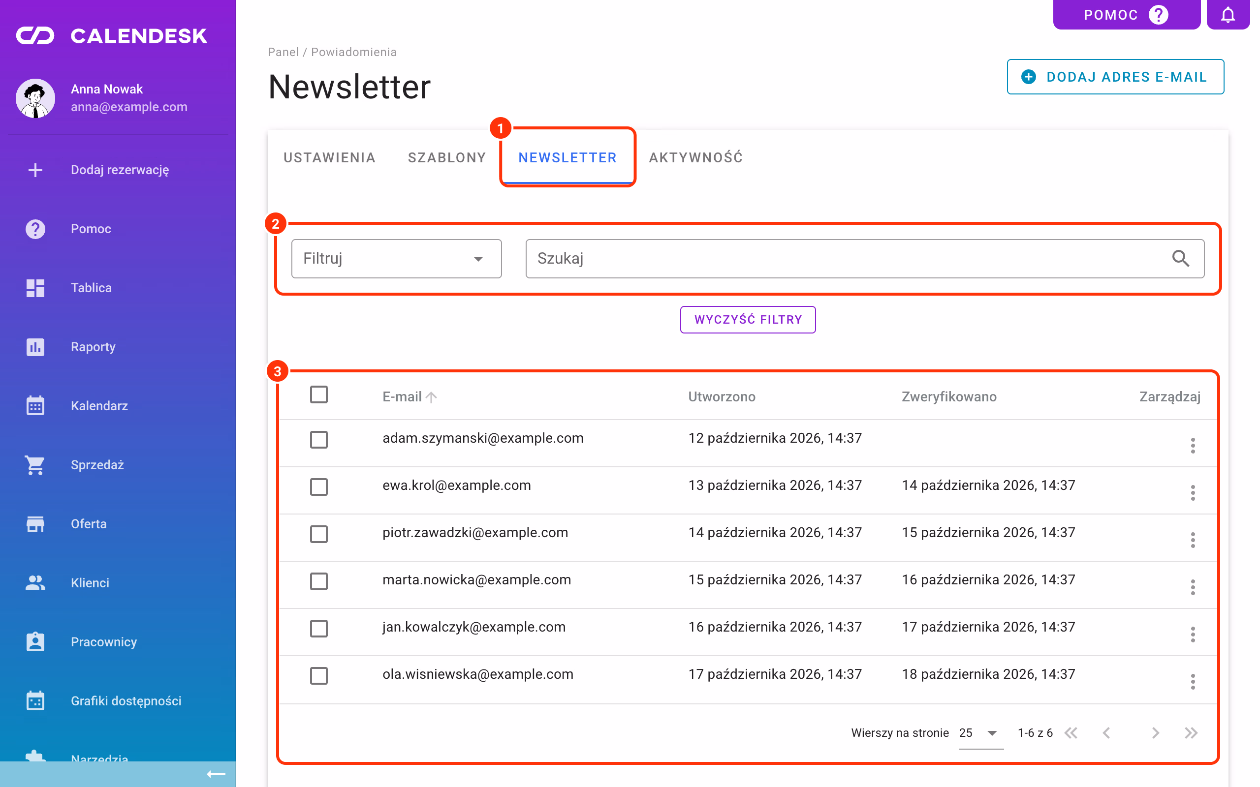 Powiadomienia – Newsletter: filtry i lista subskrybentów.