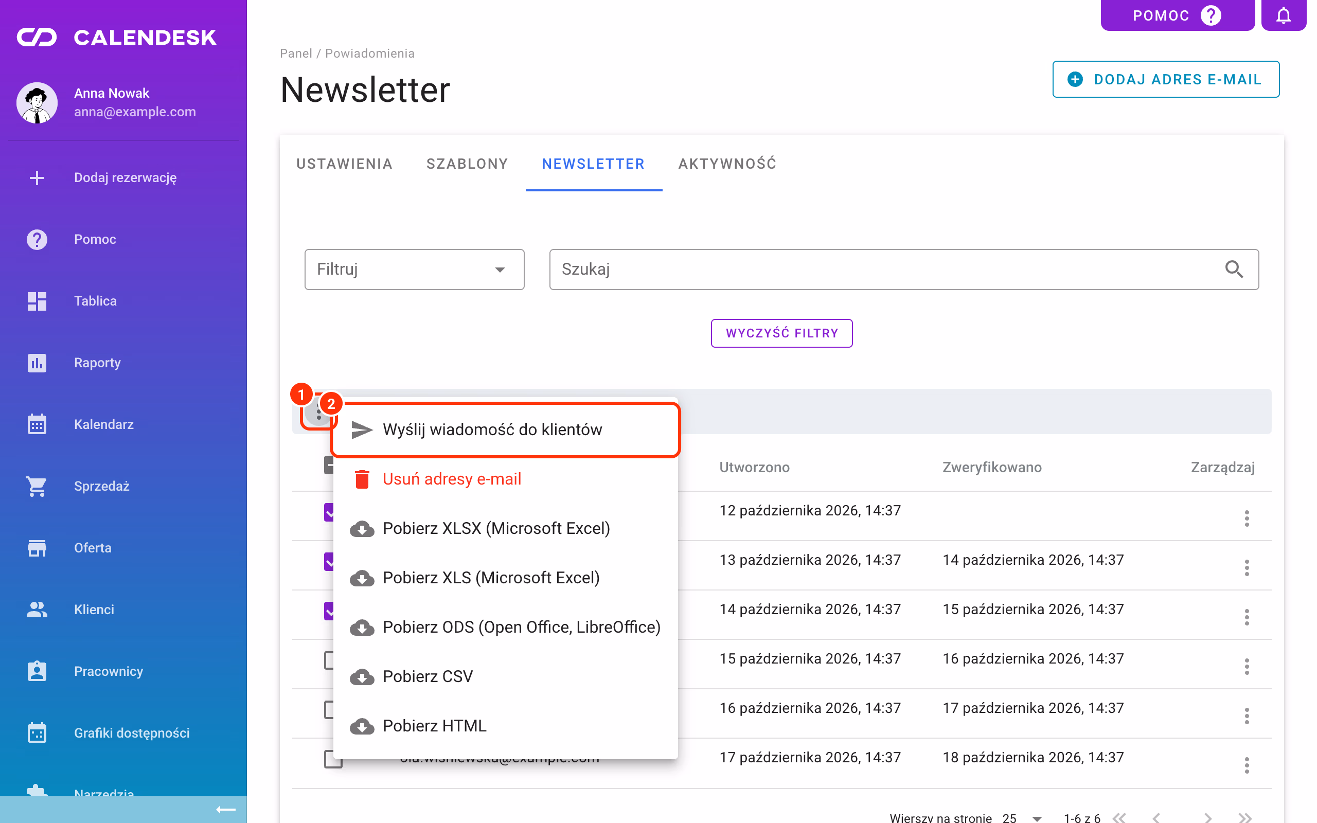 Newsletter: Wyślij wiadomość do klientów dla zaznaczonych osób.