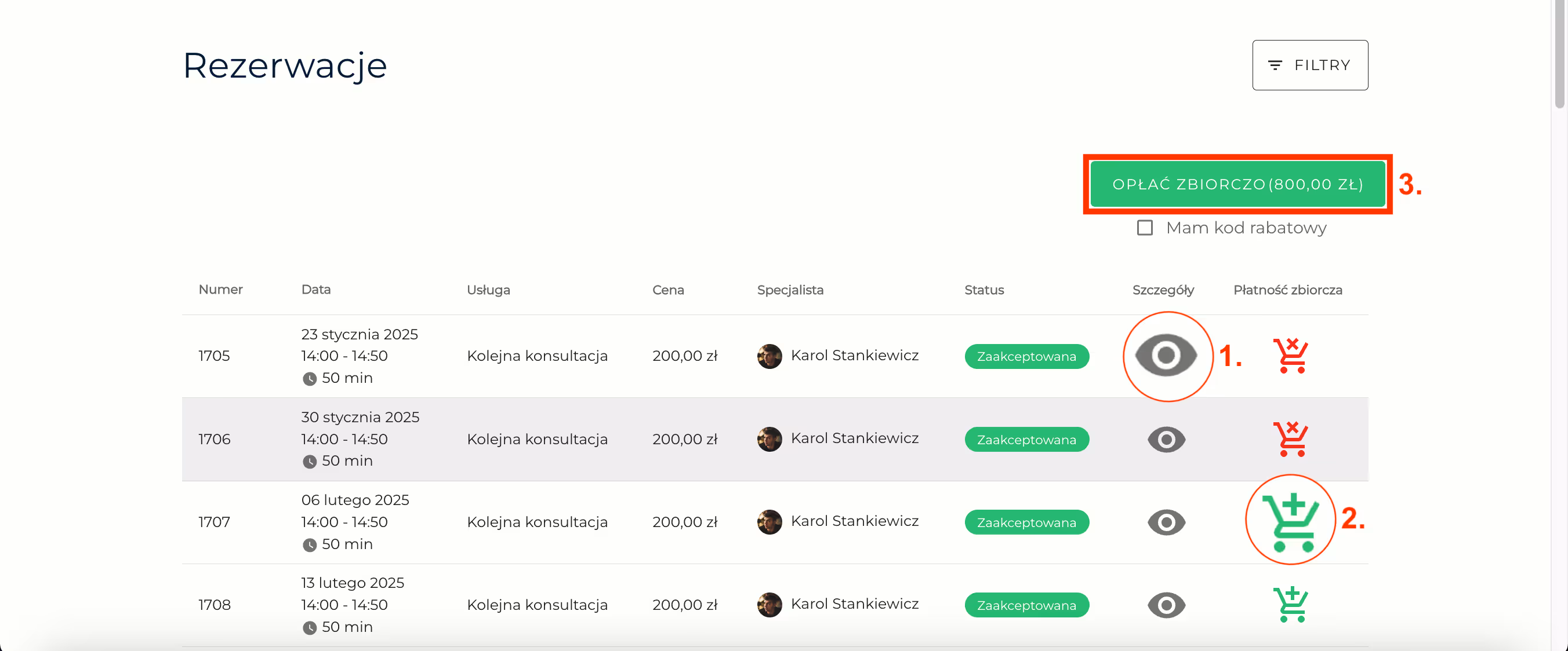 Zarządzanie rezerwacjami - zalogowany klient.