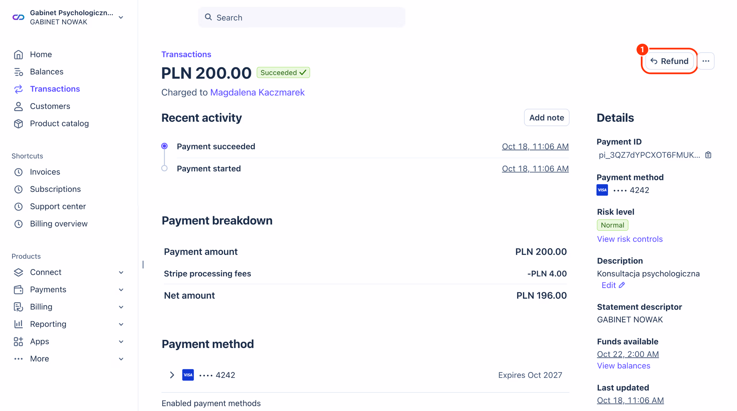 Płatność w panelu Stripe z przyciskiem Refund (1).
