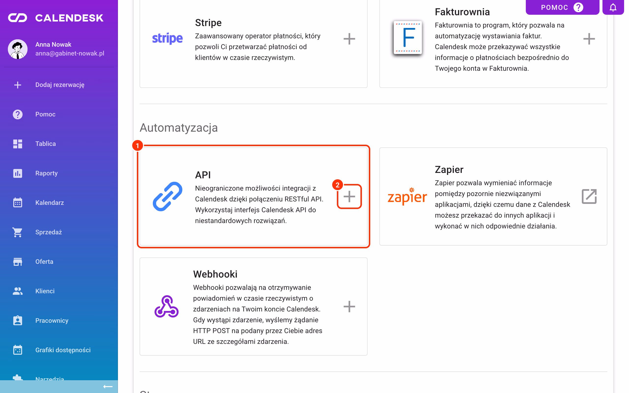 Kafelek API w sekcji Automatyzacja (1) i przycisk + (2).