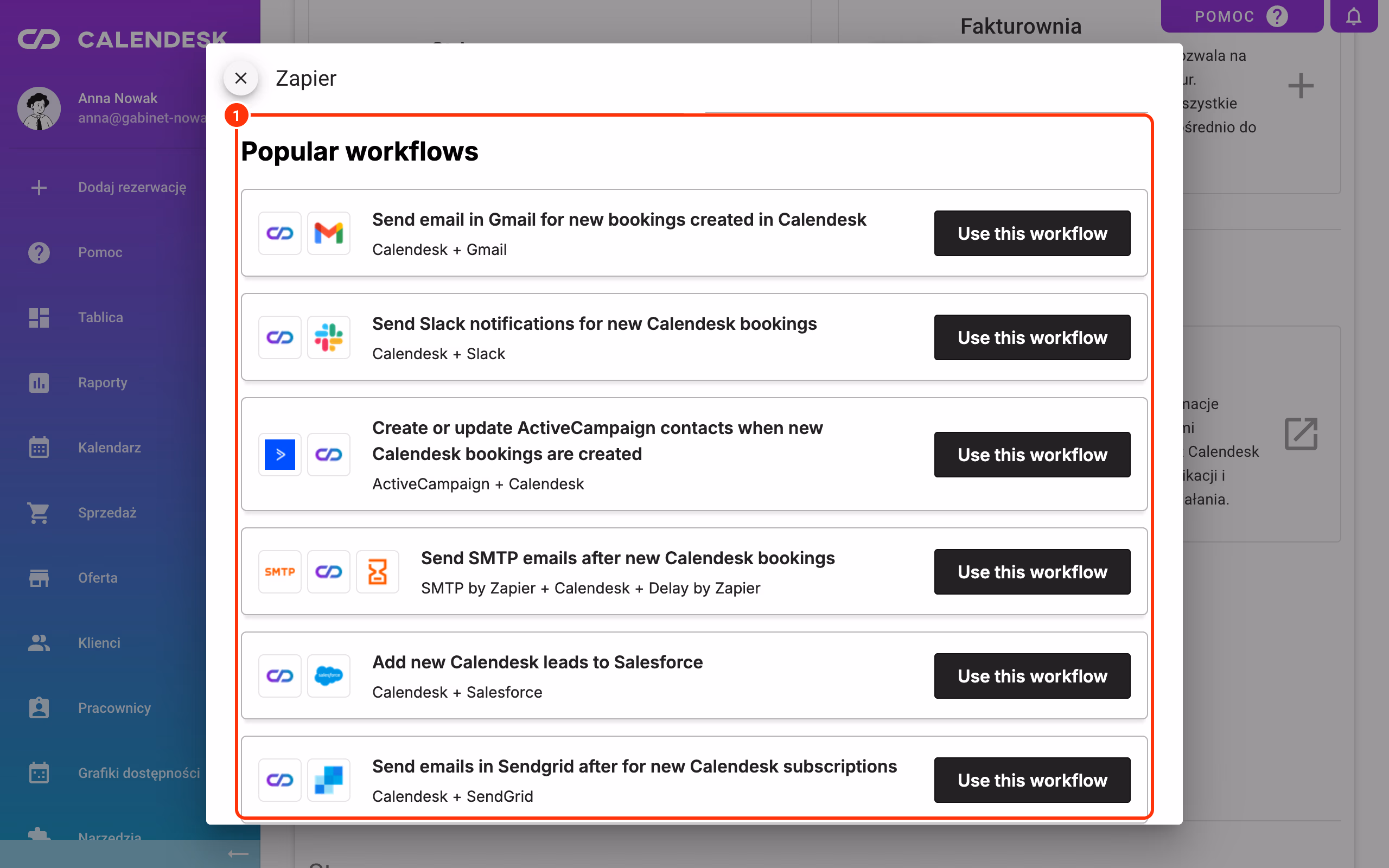 Okno Zapier z listą Popular workflows (1).