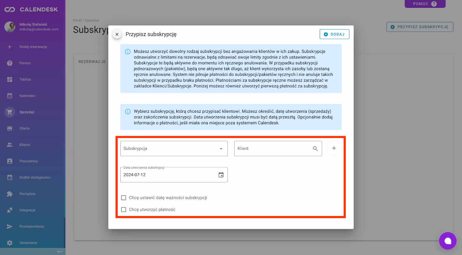 Formularz aktywacji pakietu/subskrypcji.