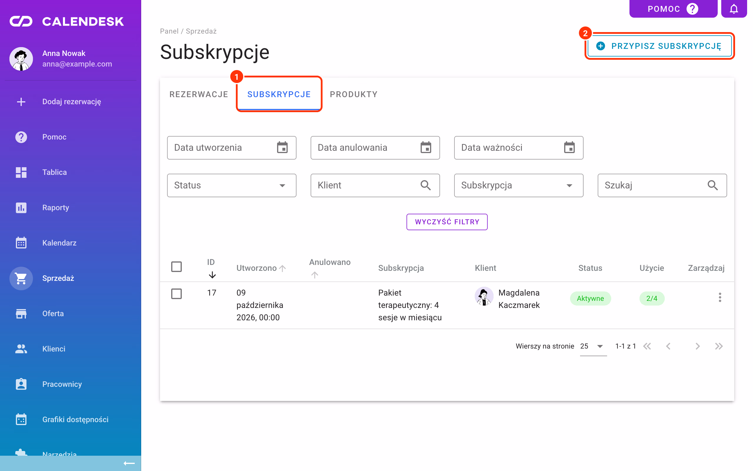 Zakładka Subskrypcje i przycisk Przypisz subskrypcję.