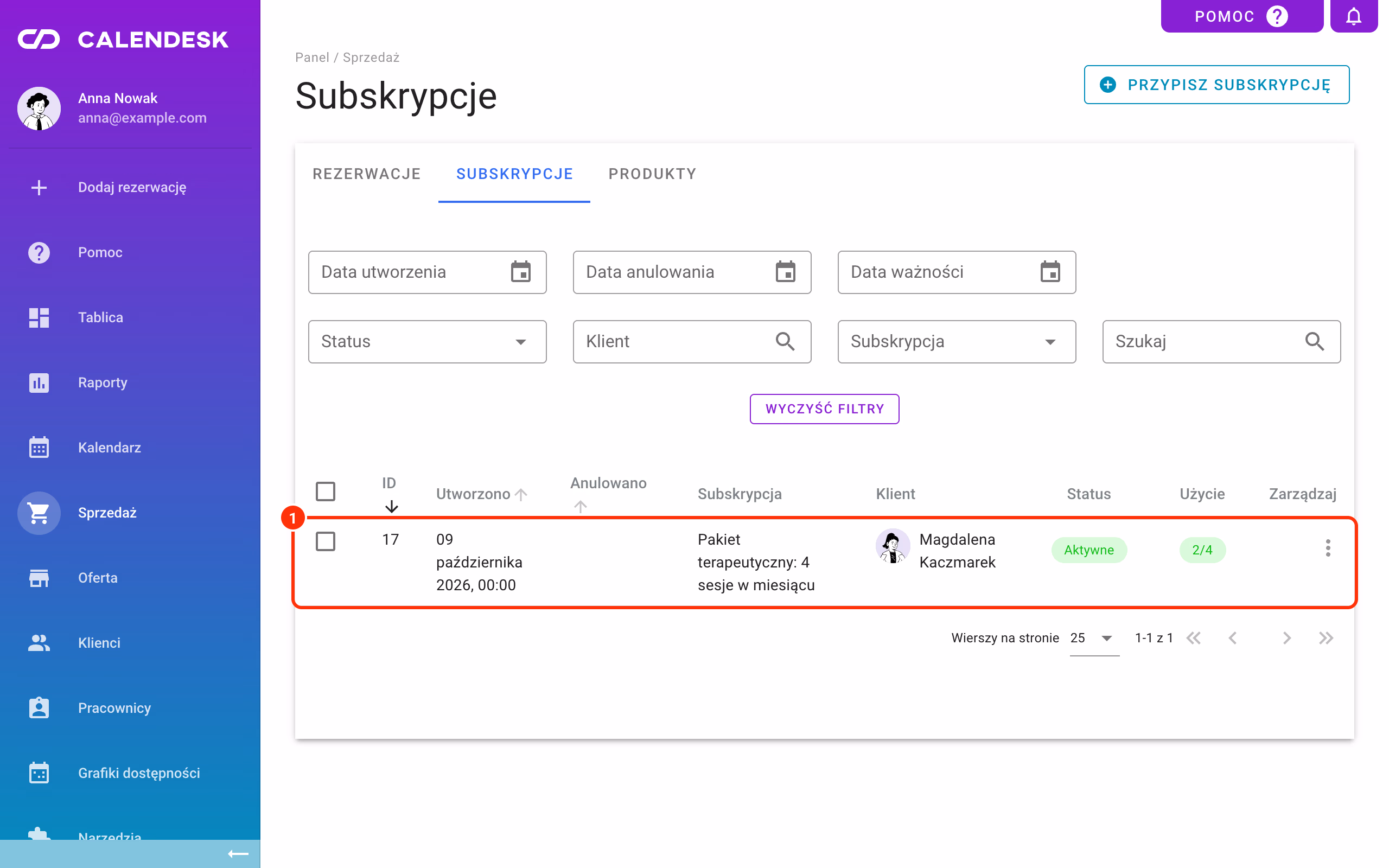 Lista subskrypcji.