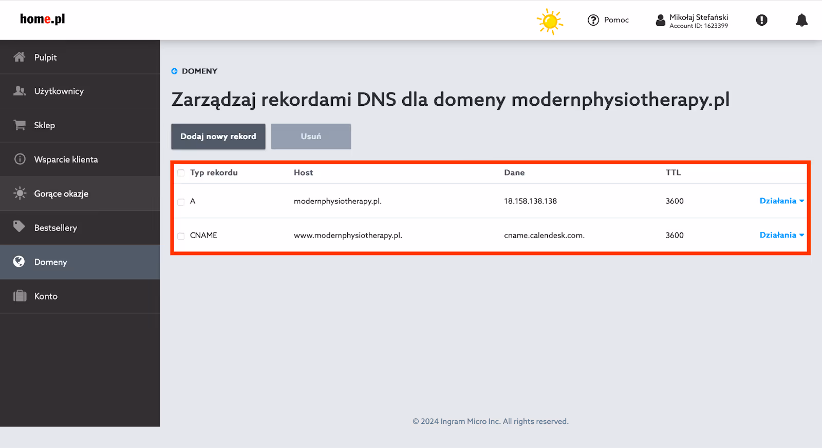 Widok na wprowadzone rekordy DNS. 