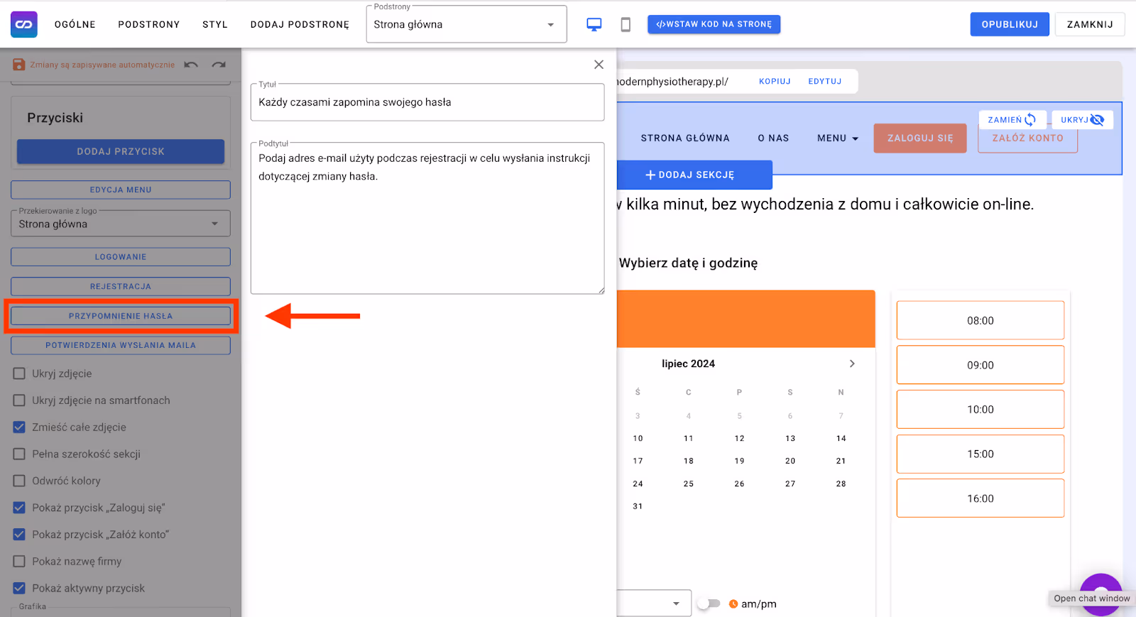 Komunikat przy przypomnieniu hasła.