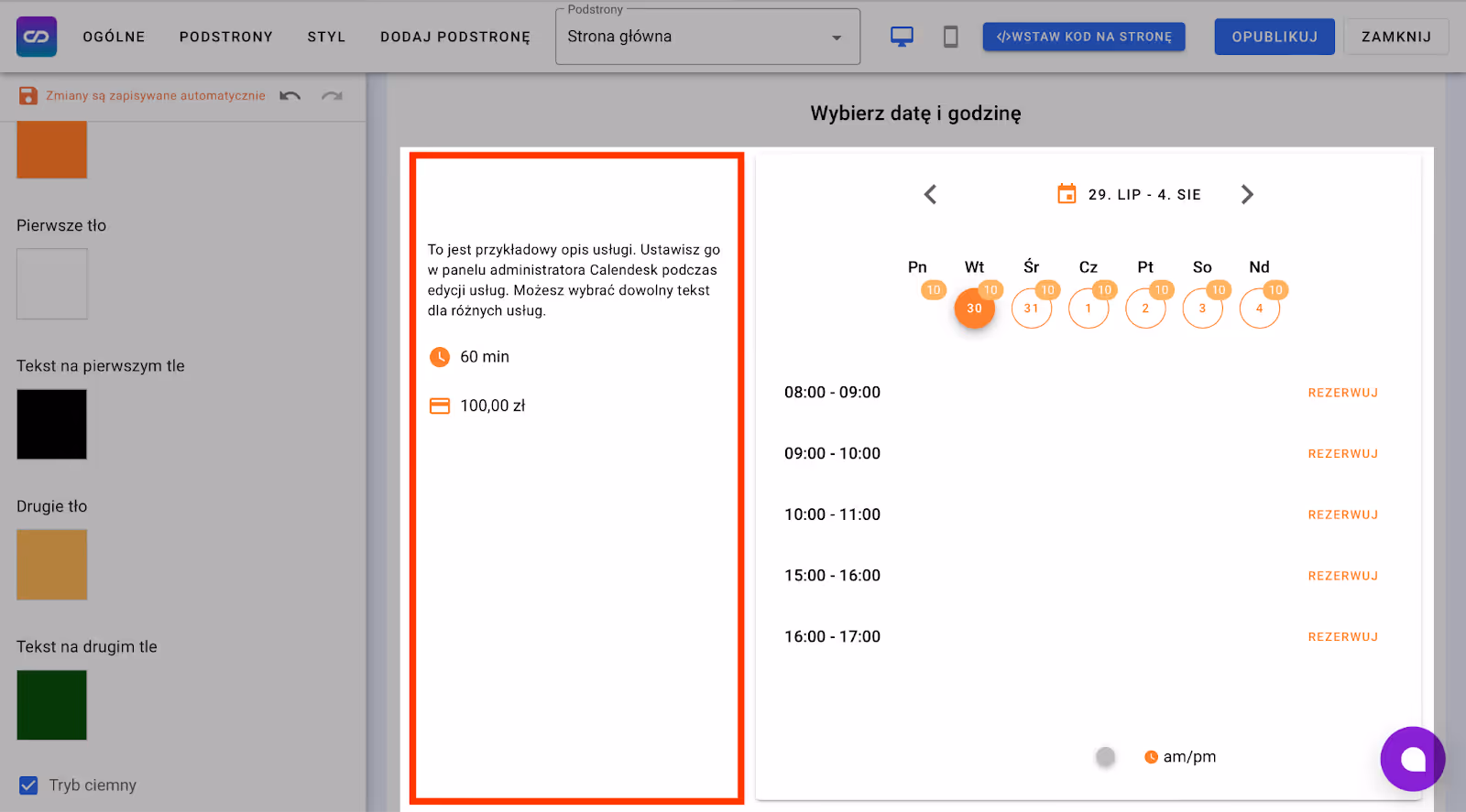 Tryb ciemny na jasnym tle.