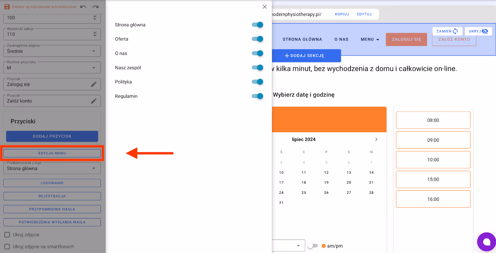 Aktywacja podstron w menu, w nagłówku strony.