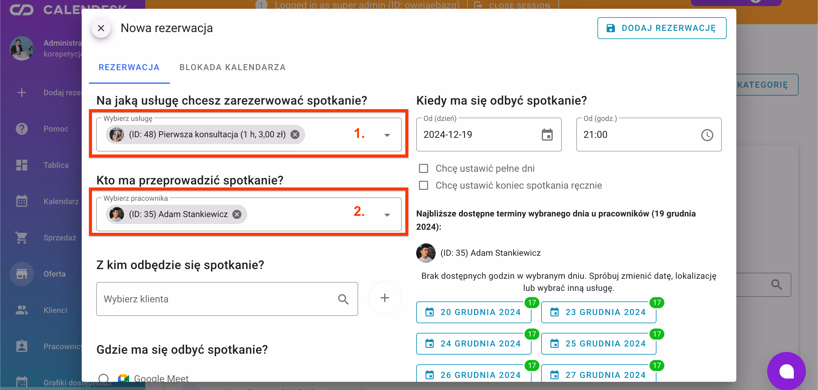 Dostępność usługi pracownika.
