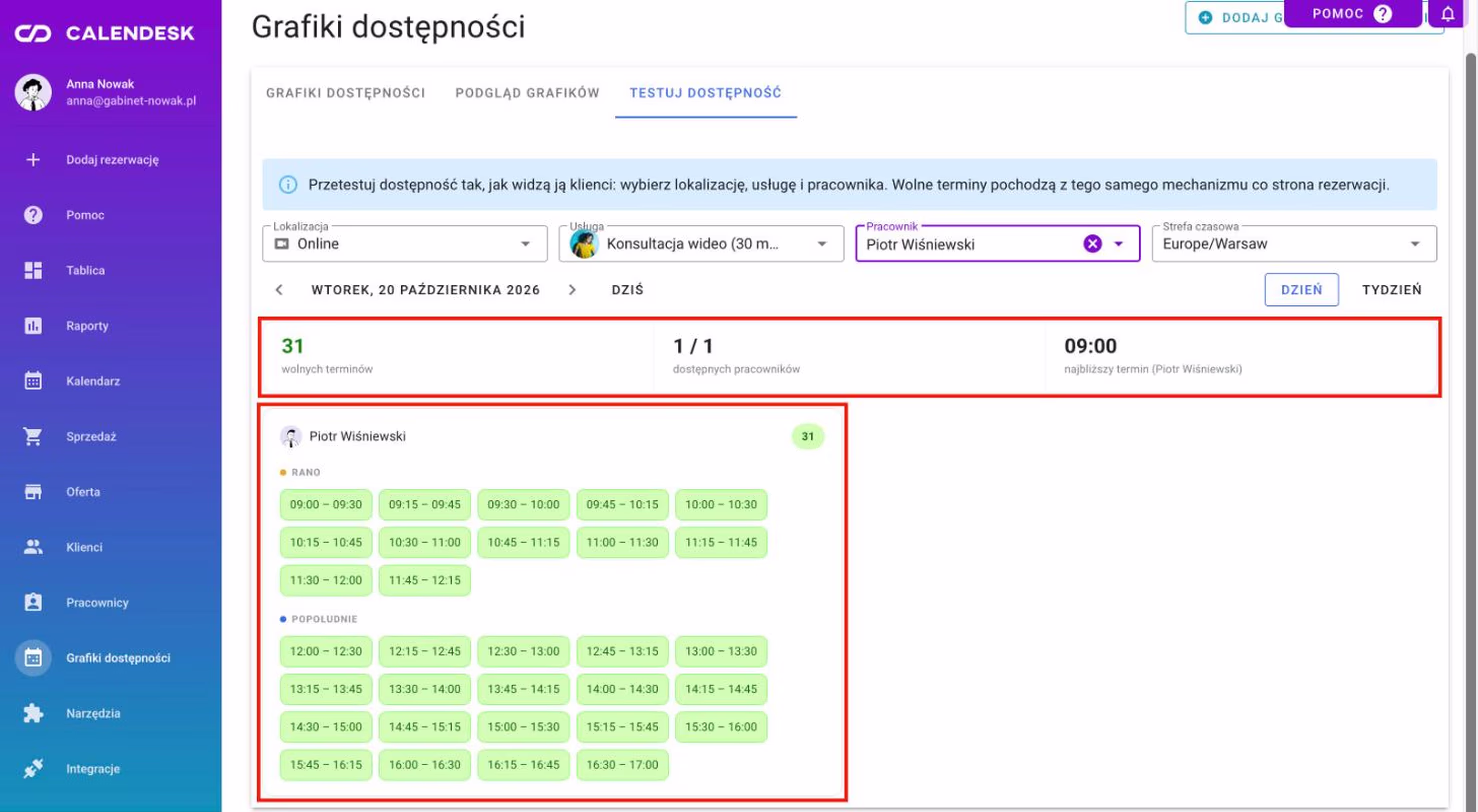Widok dnia z wolnymi terminami pracownika rano i po południu.