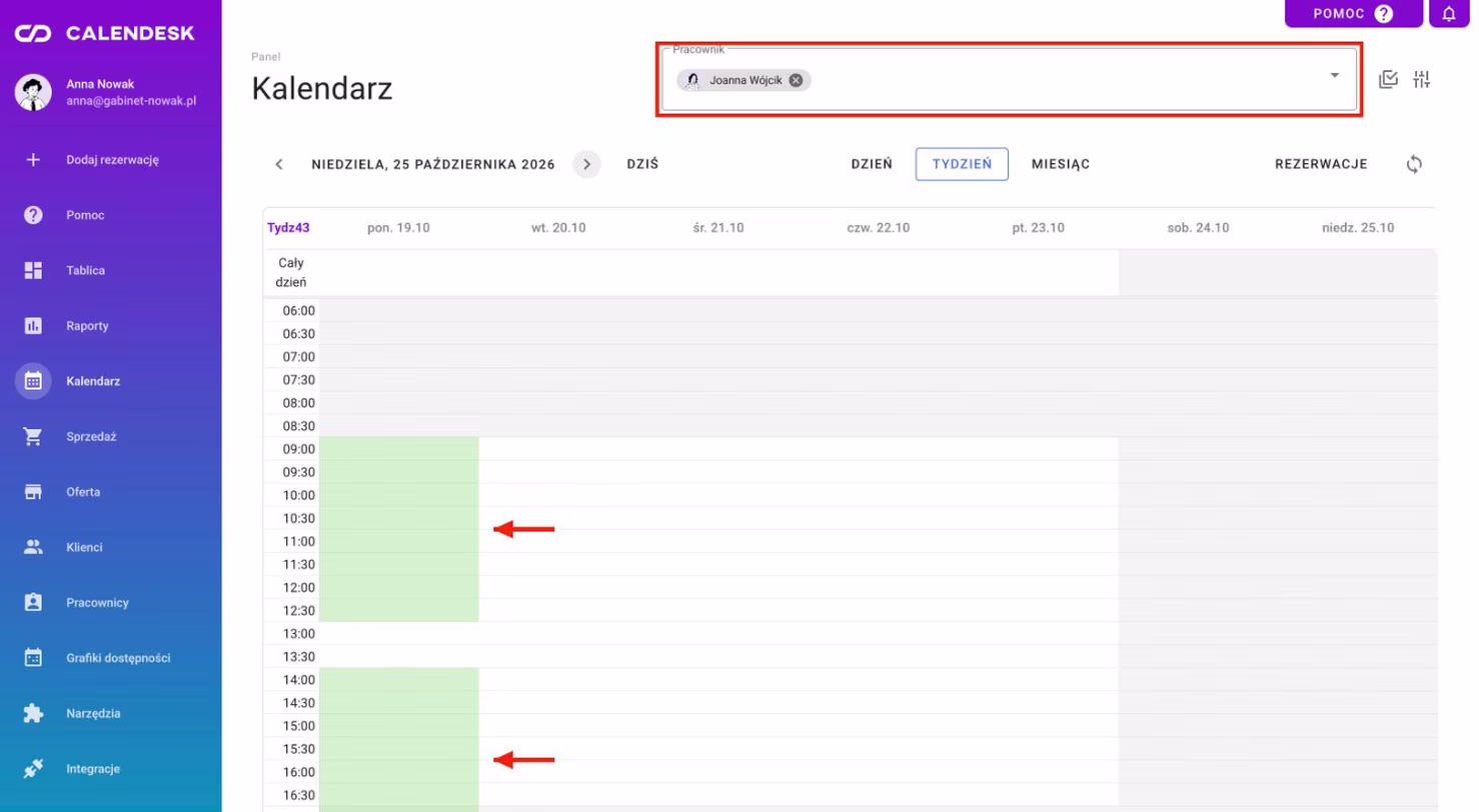 Kalendarz z zielonym tłem godzin z grafiku wybranego pracownika.