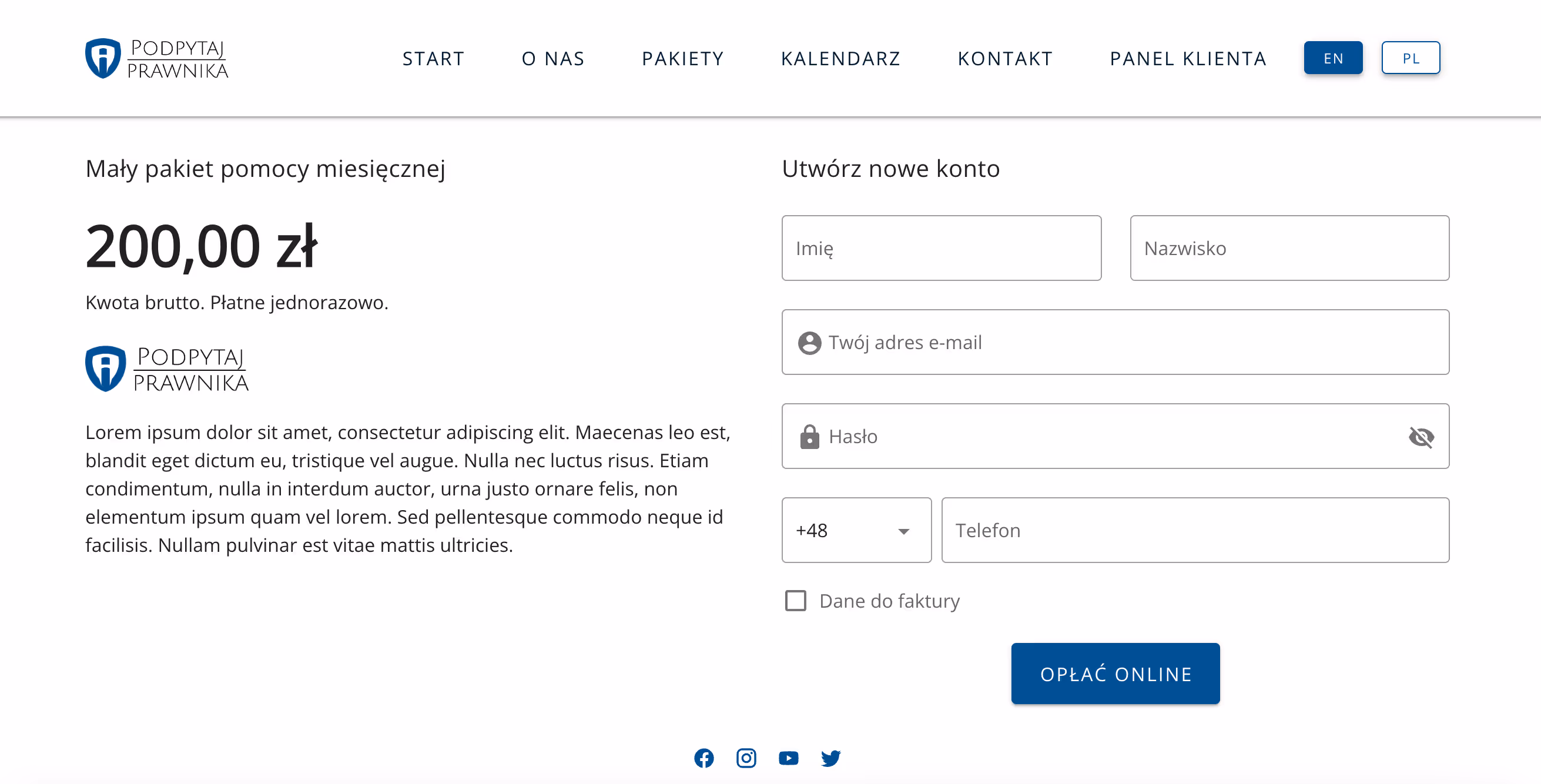 Tworzenie konta przy zakupie pakietu/subskrypcji.