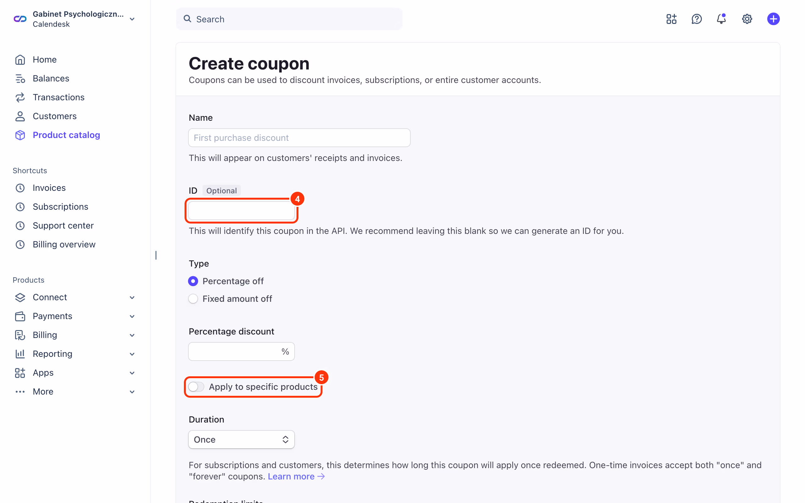 Formularz Create coupon w Stripe: pole ID (4) i przełącznik Apply to specific products (5).
