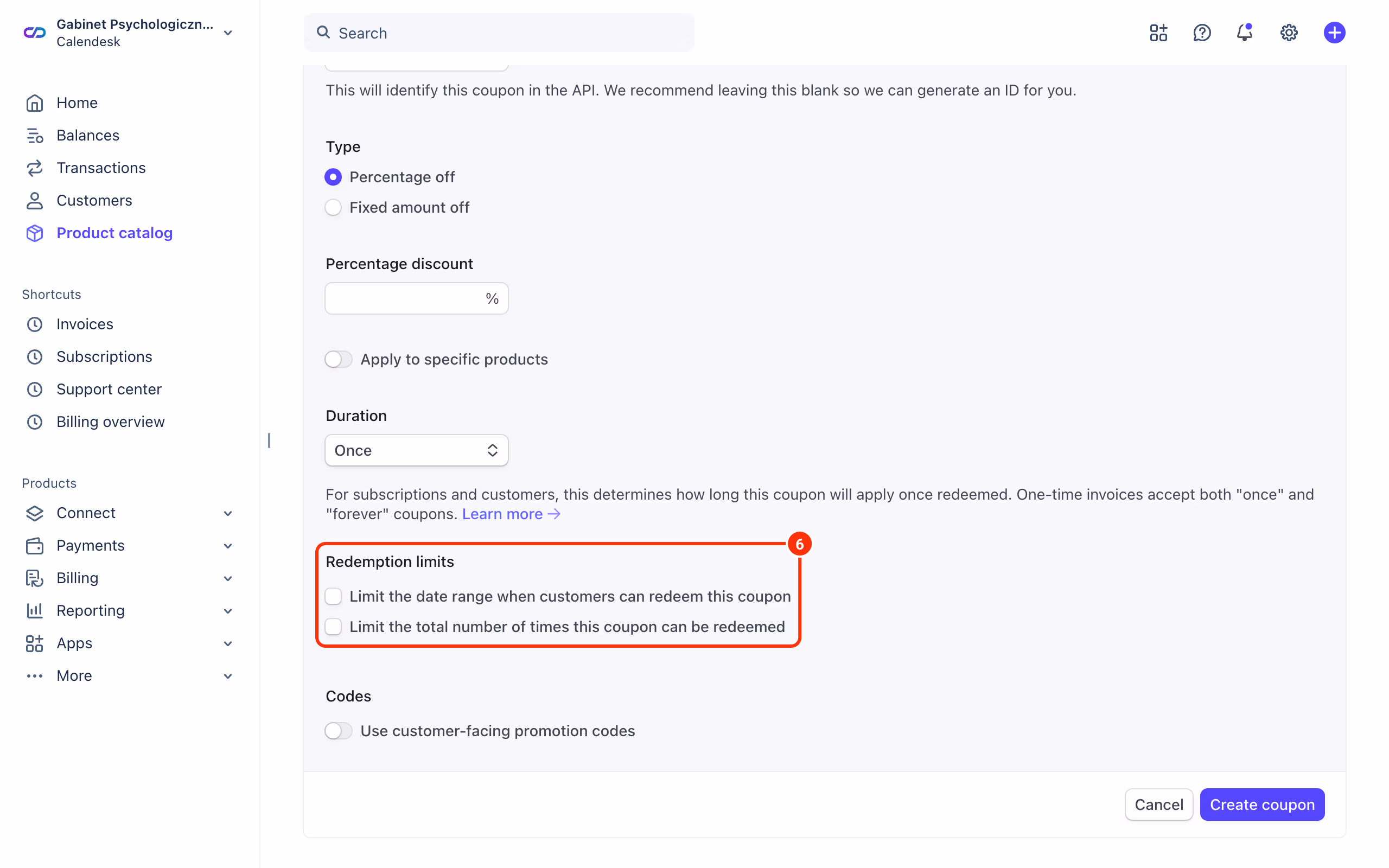 Formularz Create coupon w Stripe: sekcja Redemption limits (6).