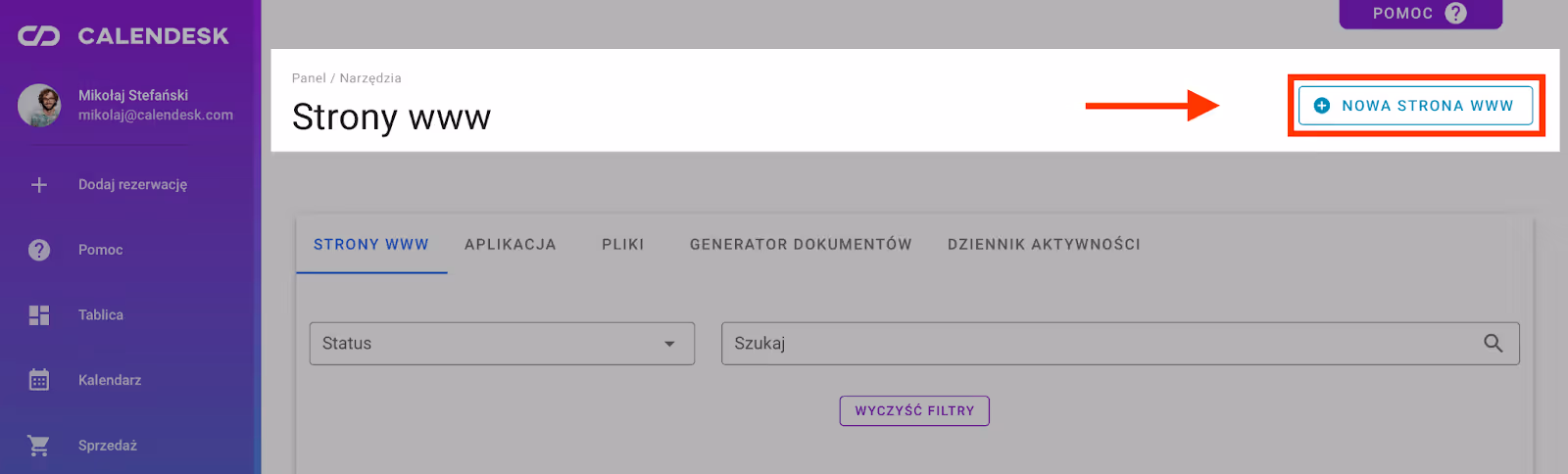 Przycisk do dodawania nowej strony www.