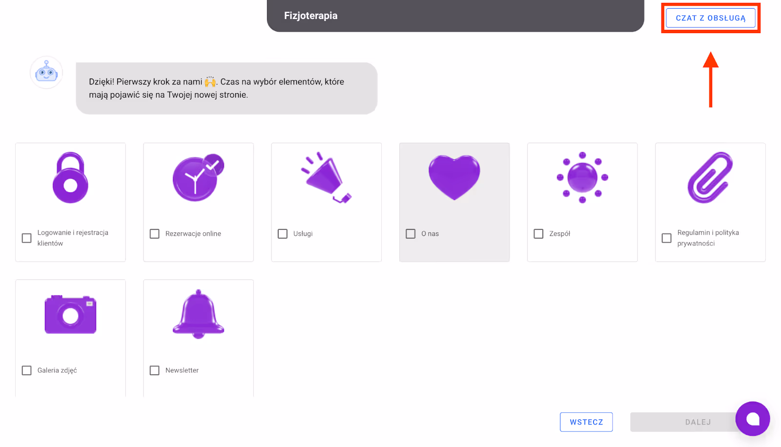 Wybór sekcji strony www podczas generowania.