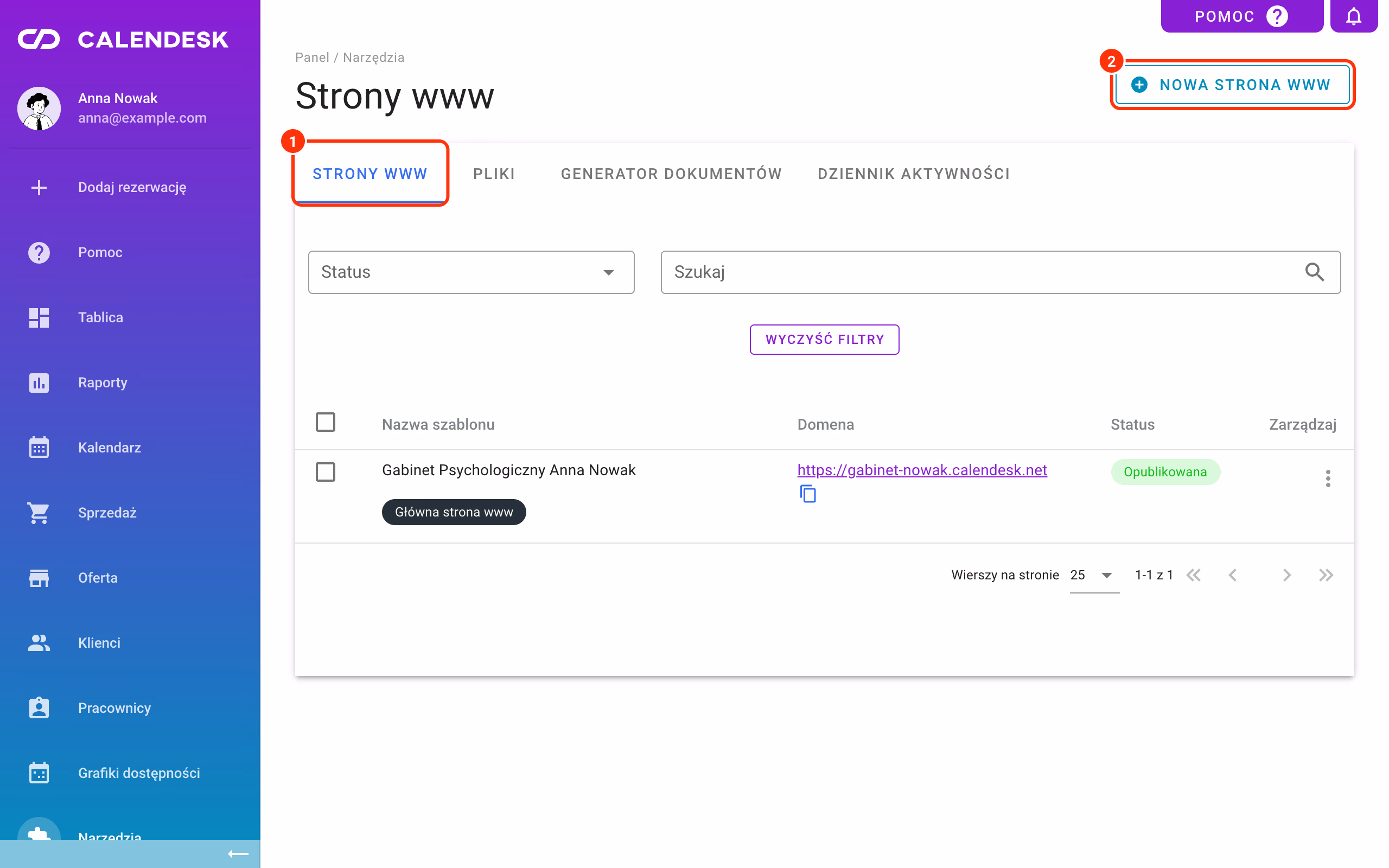 Narzędzia – Strony www: przycisk Nowa strona www.