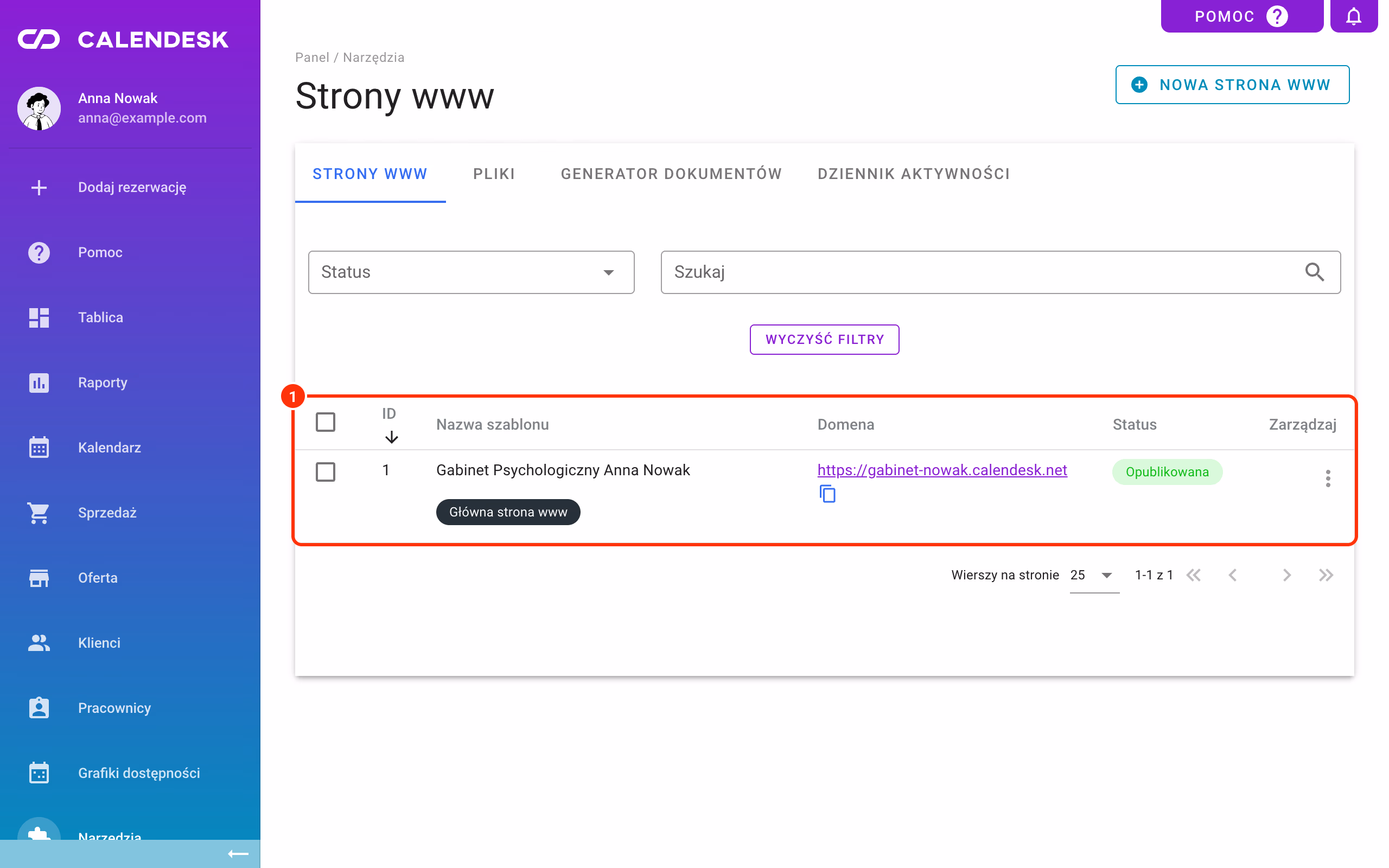 Lista szablonów stron internetowych.