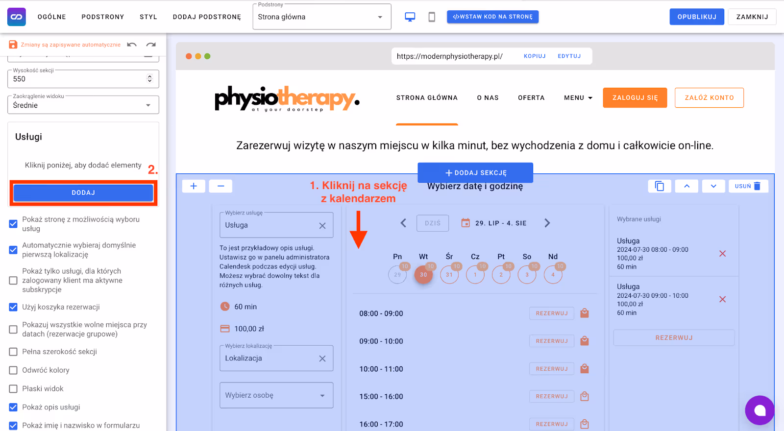 Wybór sekcji z kalendarzem.
