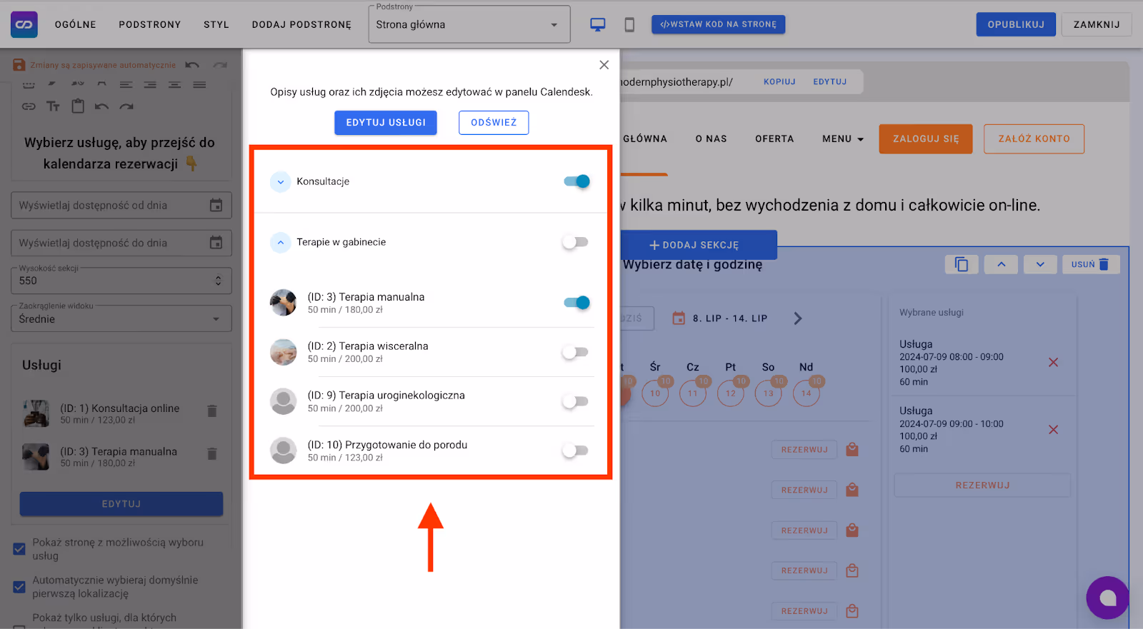 Wybór usług w kalendarzu.