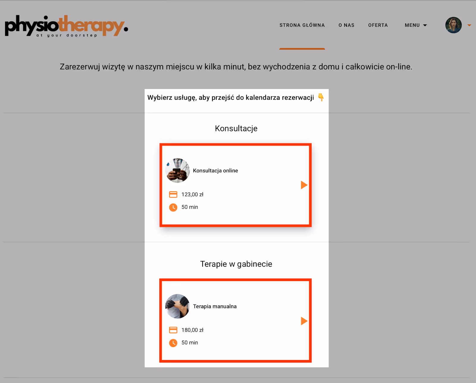 Wybór usługi przed wyświetleniem kalendarza dostępności.