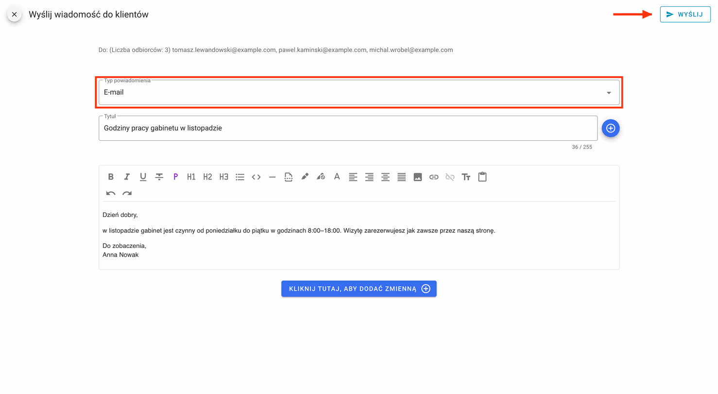 Okno wysyłania wiadomości e-mail z tytułem i treścią.