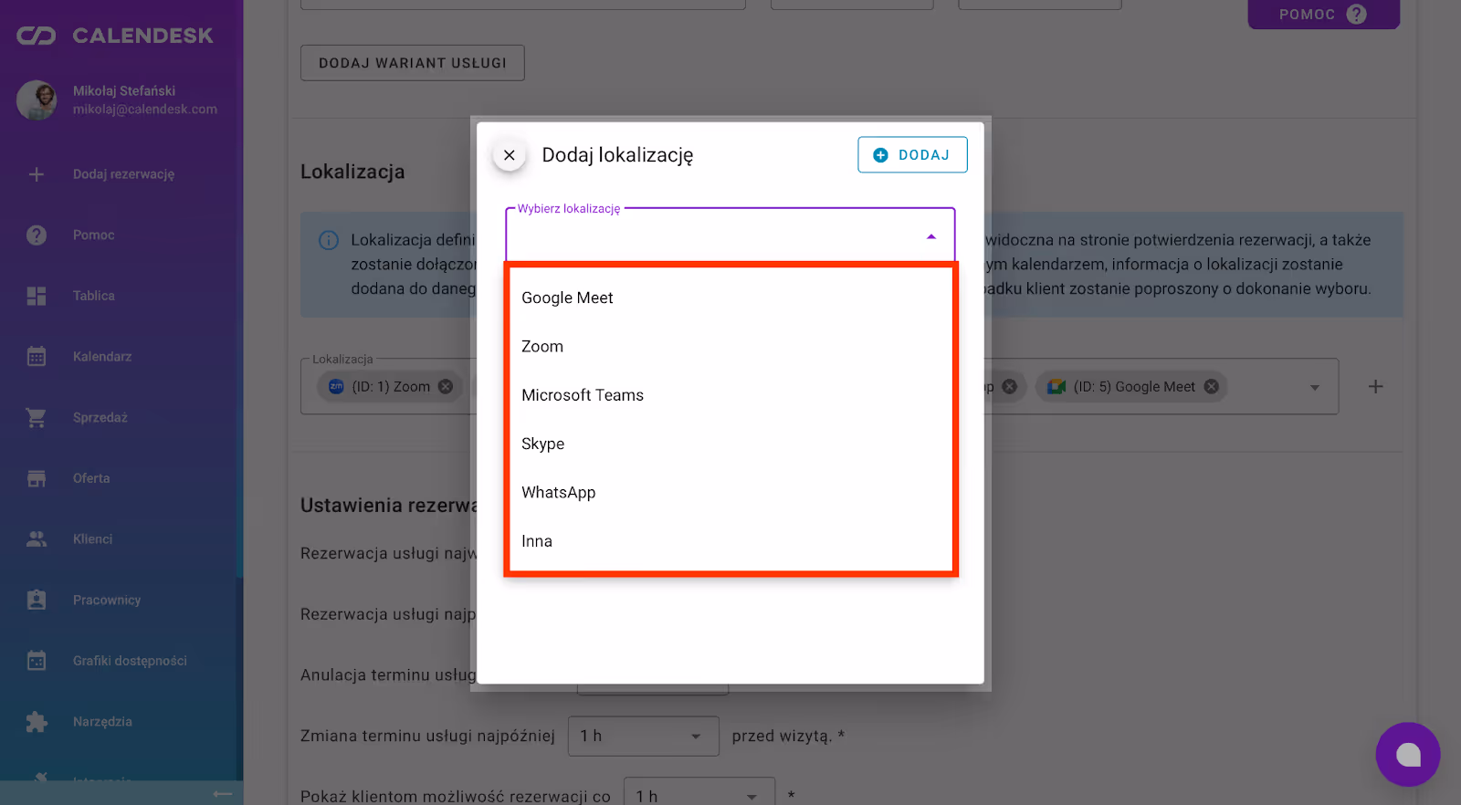 Wybór lokalizacji w konfiguracji usługi.
