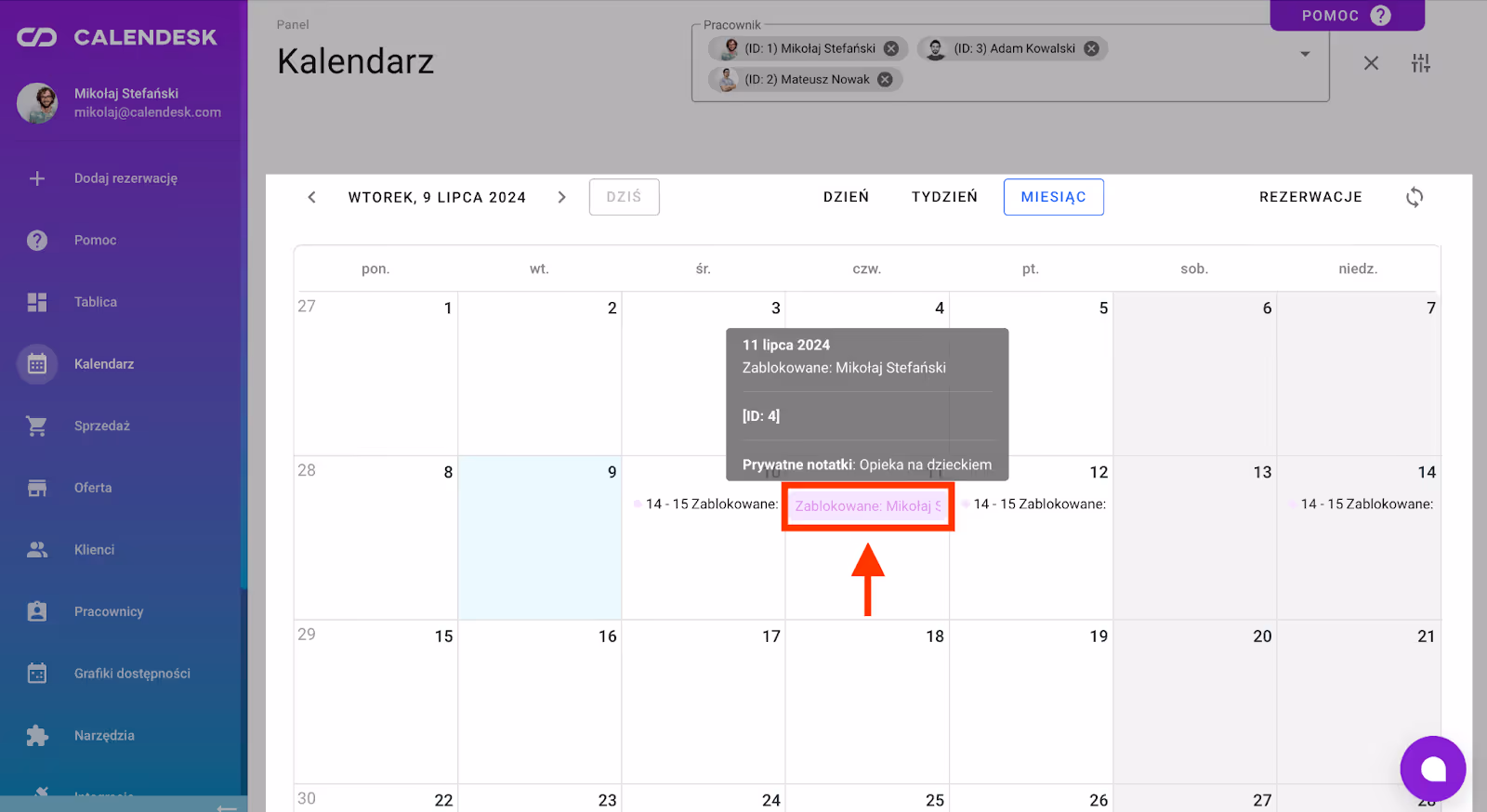 Widok blokady w kalendarzu miesięcznym.