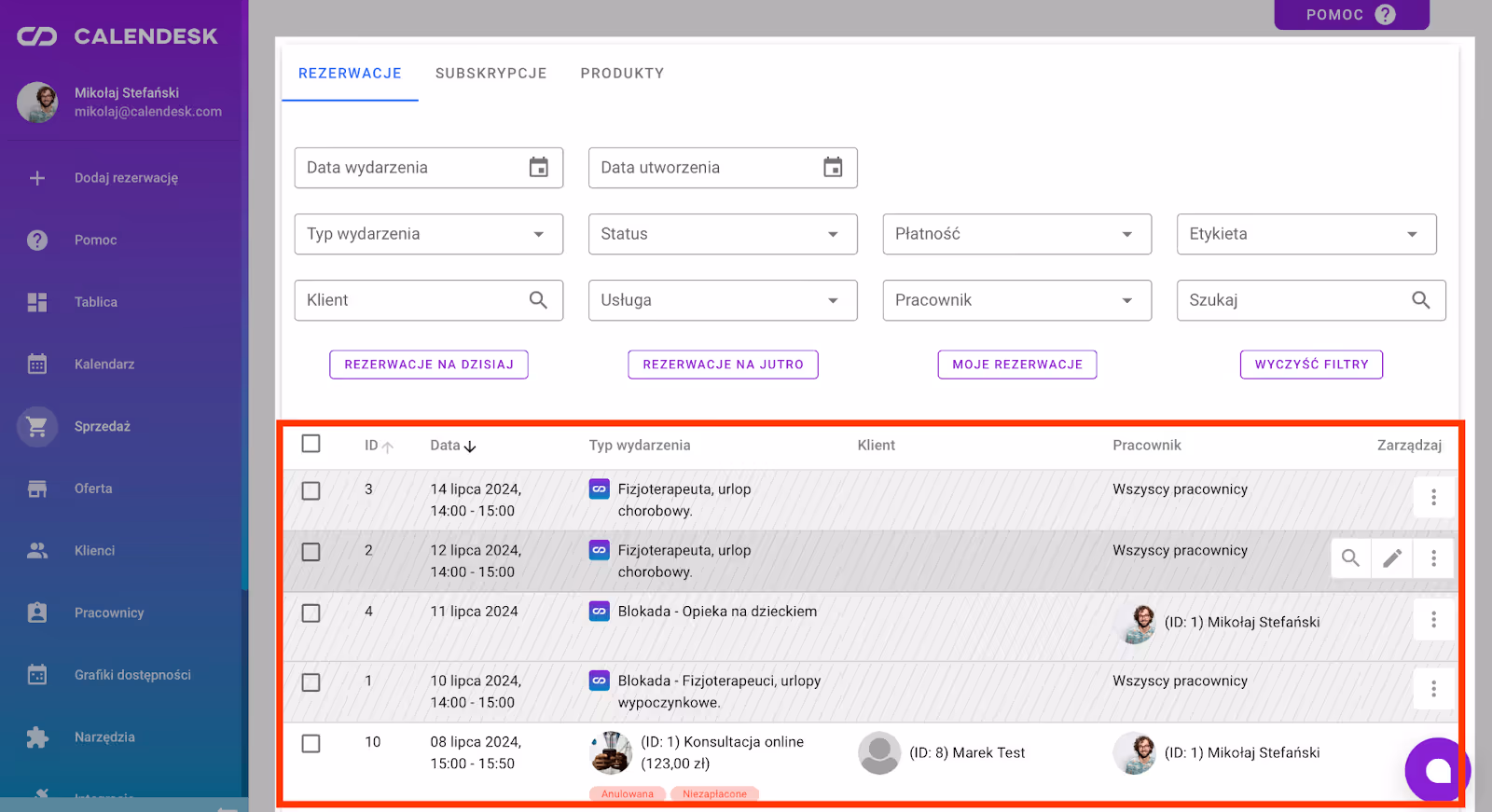 Blokady w zakładce Sprzedaż – Rezerwacje.