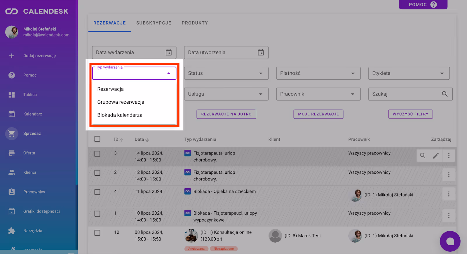 Filtrowanie listy wydarzeń po typie wydarzenia.