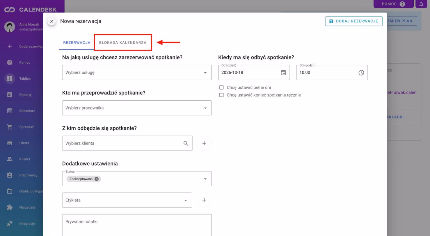 Zakładka Blokada kalendarza w oknie nowej rezerwacji.