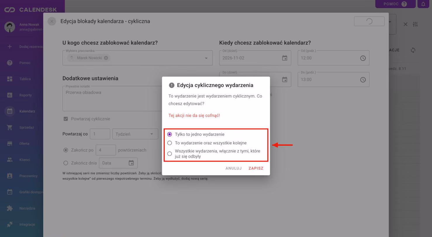 Pytanie o zakres edycji cyklicznej blokady.