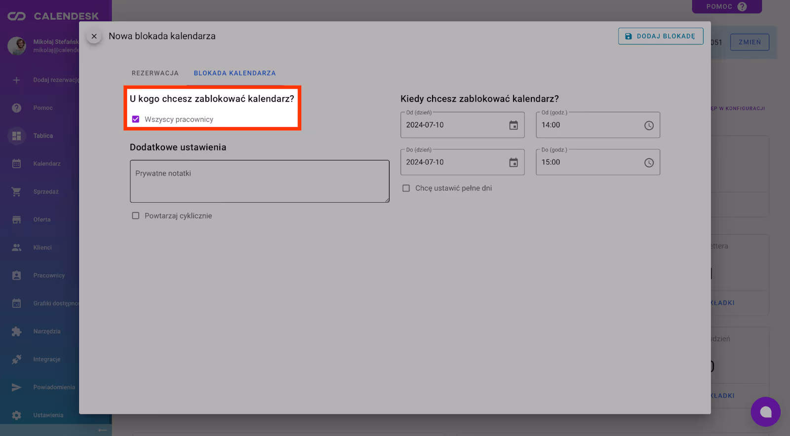 Blokada kalendarzy wszystkich pracowników.