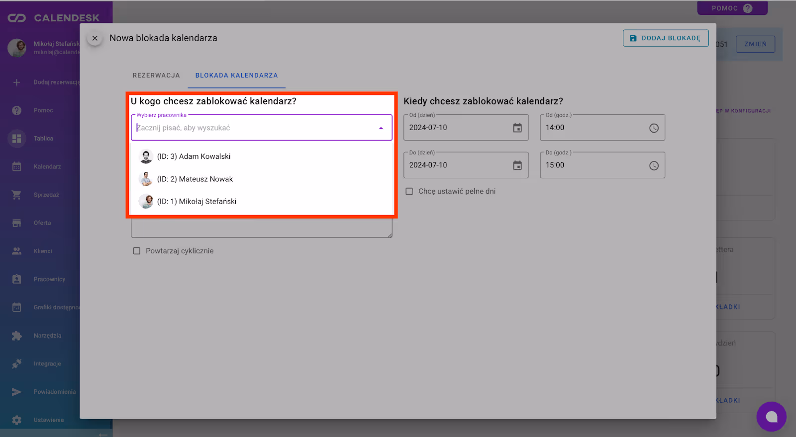 Wybór pracownika, któremu blokujemy kalendarz.