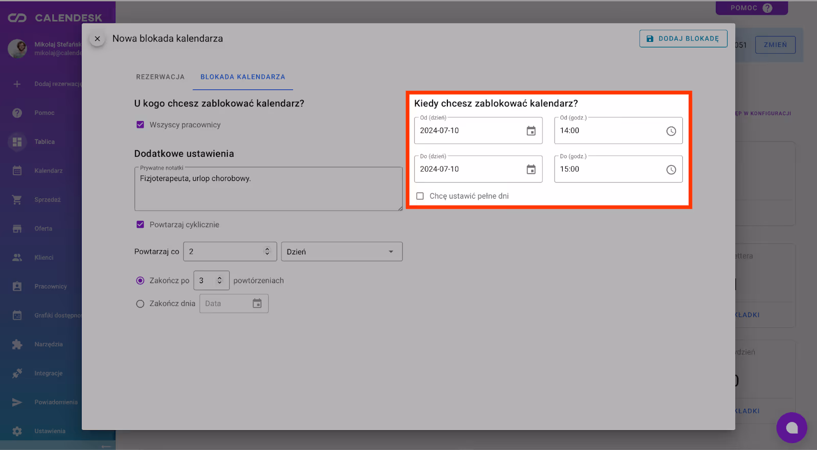 Wybór daty i godziny blokady.
