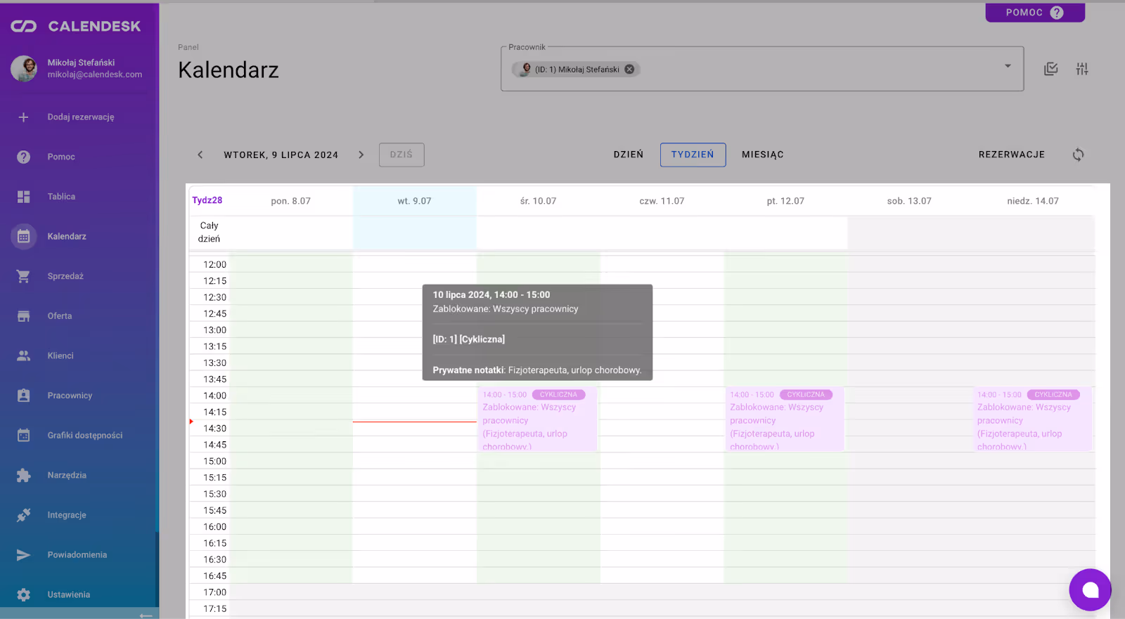 Widok na blokady w zakładce Kalendarz.