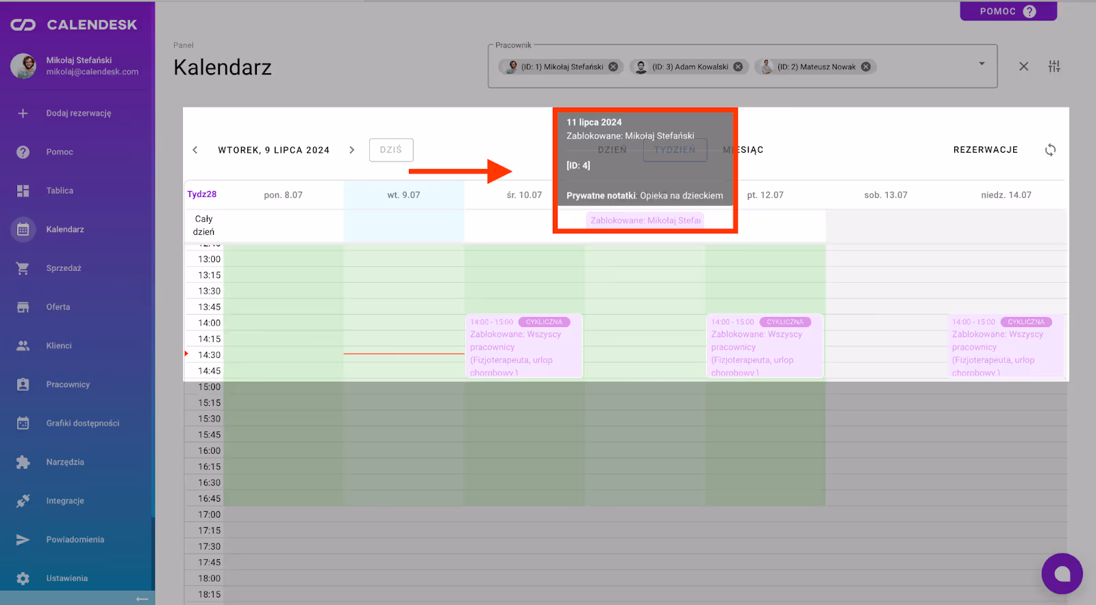 Widok na blokady pełnych dni w Kalendarzu.