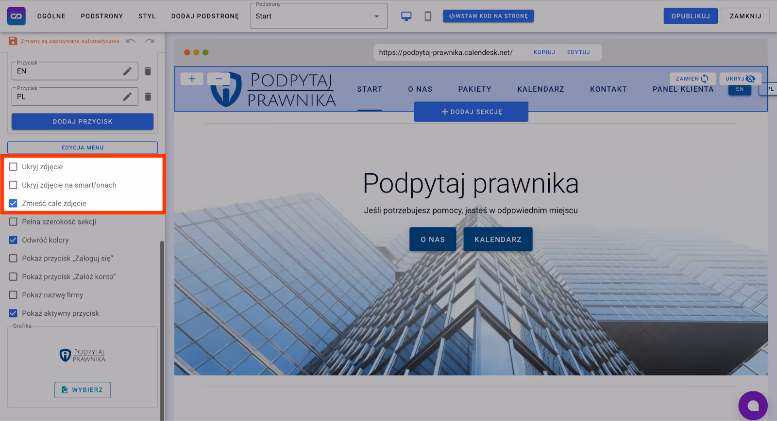 Ustawienia logo w nagłówku strony.