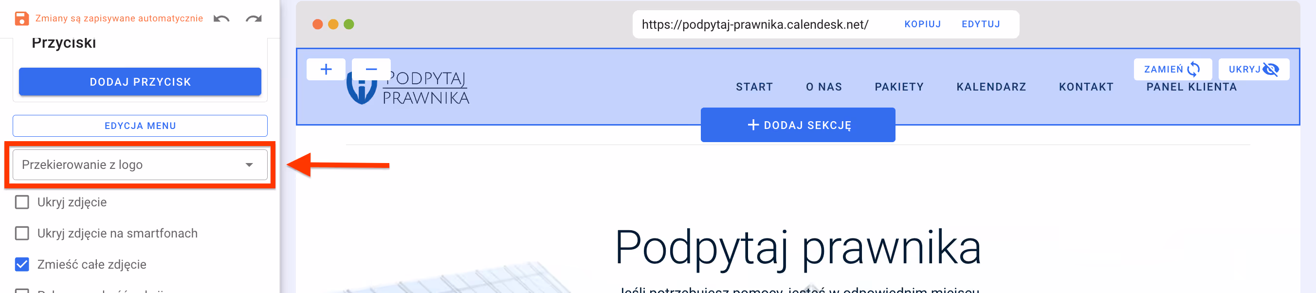 Przekierowanie do wybranej podstrony szablonu w Calendesk.