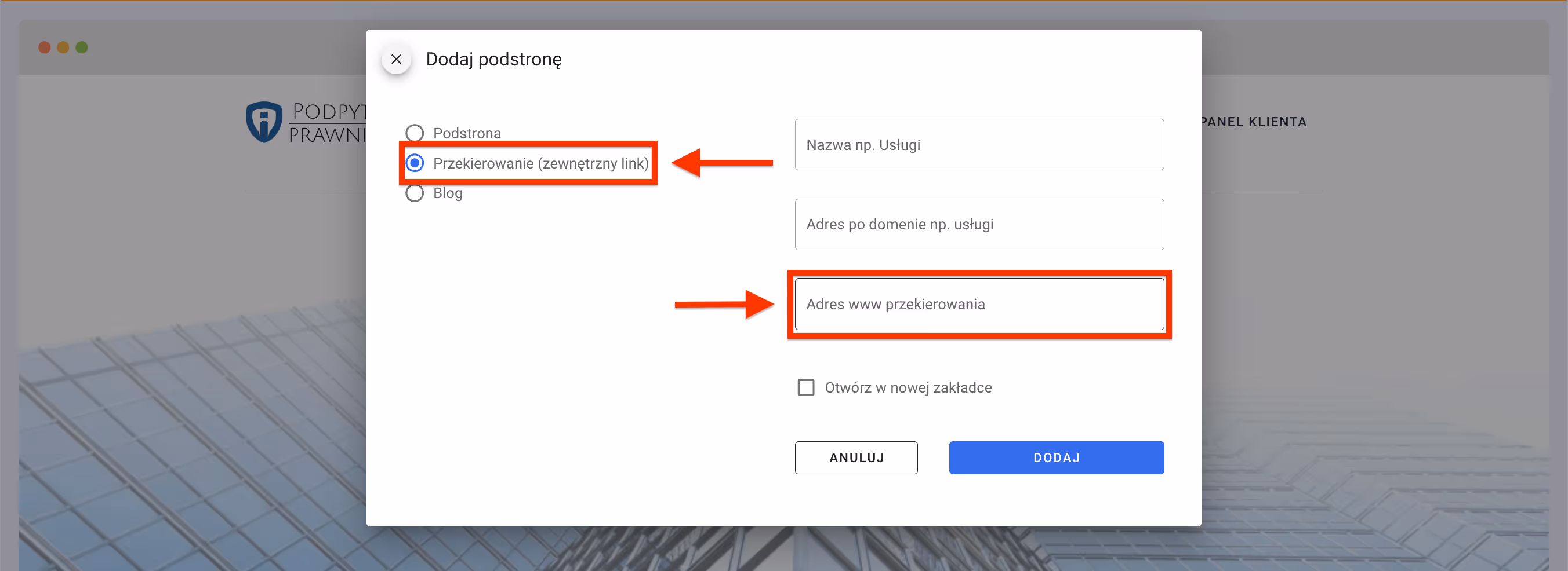 Przekierowanie do strony poza Calendesk.