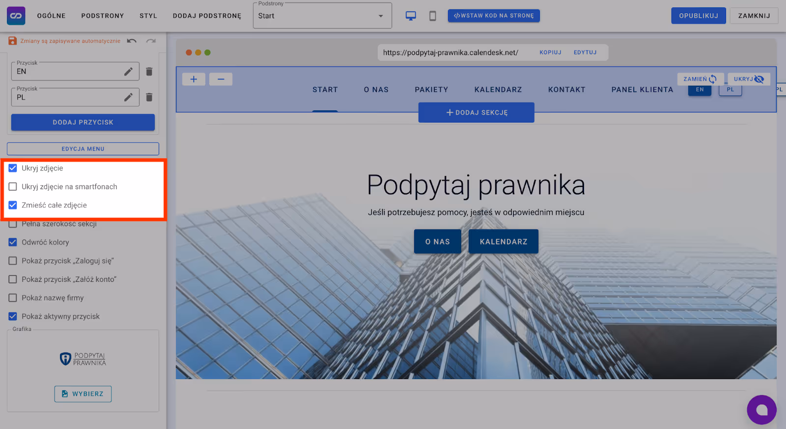 Dodatkowe opcje w ustawieniach logo.